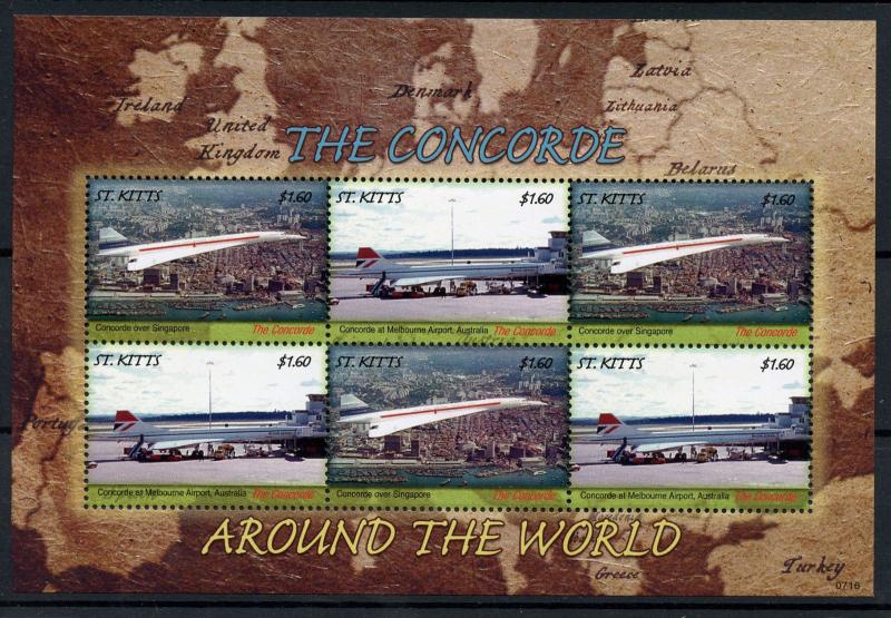 St Kitts 2007 MNH Concorde Around the World 6v M/S Airports Aviation Stamps 