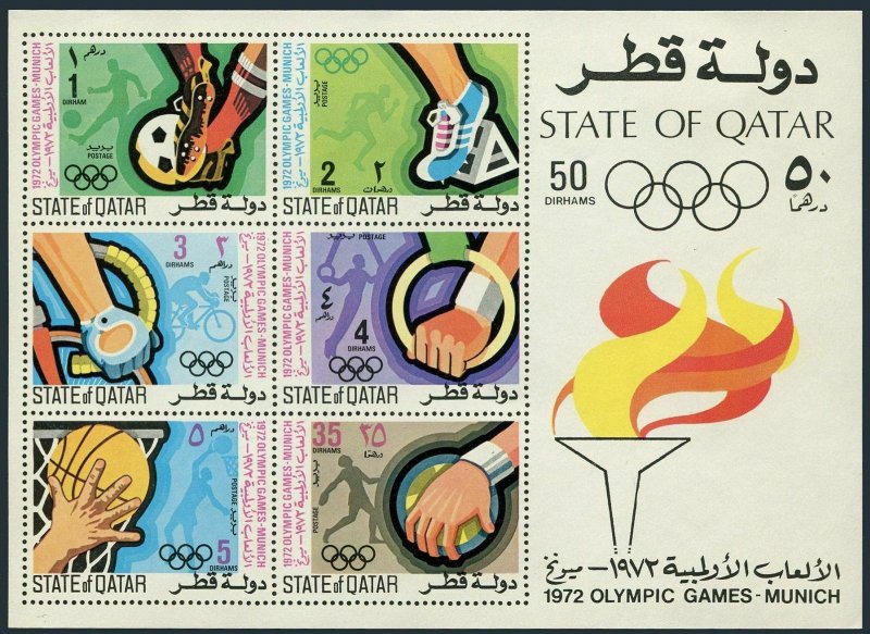 Qatar 308a,hinged.Michel Bl.24. Olympics Munich-1972. Soccer, Basketball, Discus