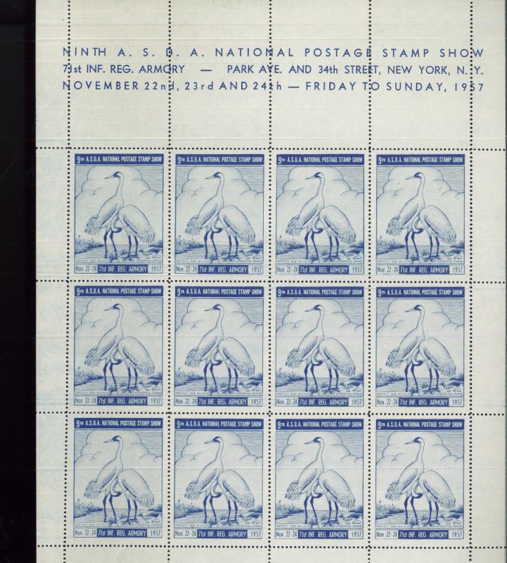 NEW YORK 9th ASDA National Postage Stamp Show - 1957 LABELS Fullsheets!  BBB