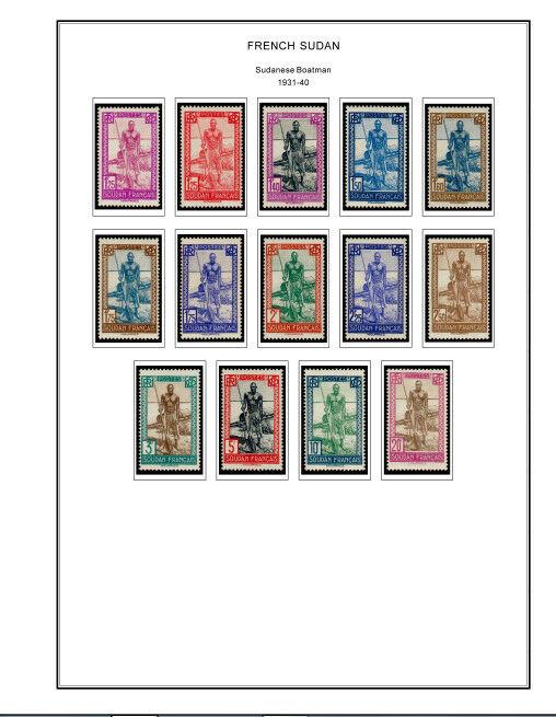 COLOR PRINTED FRENCH SUDAN 1894-1944 STAMP ALBUM PAGES (14 illustrated pages)