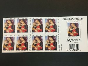 1999 Doublesided Booklet 20 33-cent Madonna and Child Christmas Stamps Sc# 3355a