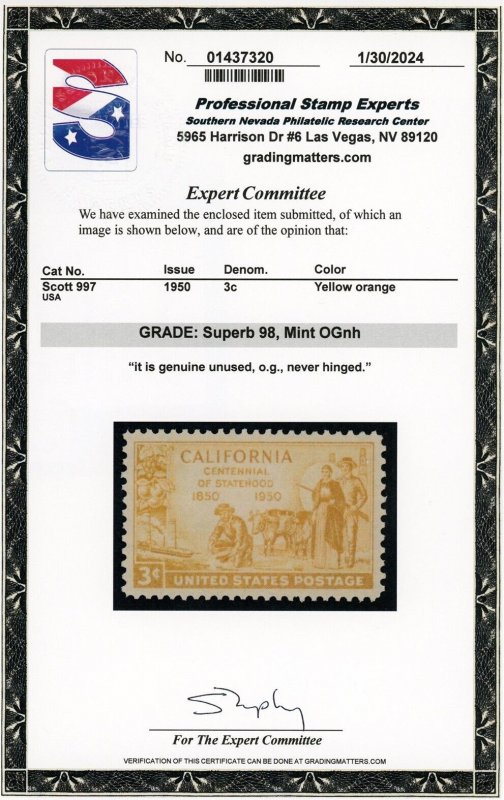 US Stamp #997 California Statehood 3c - PSE Cert - SUPERB 98 - MNH - SMQ $80.00