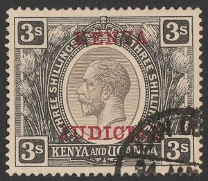 KENYA 1928 'KENYA JUDICIAL' red on KGV 3/- revenue, with upright serif.