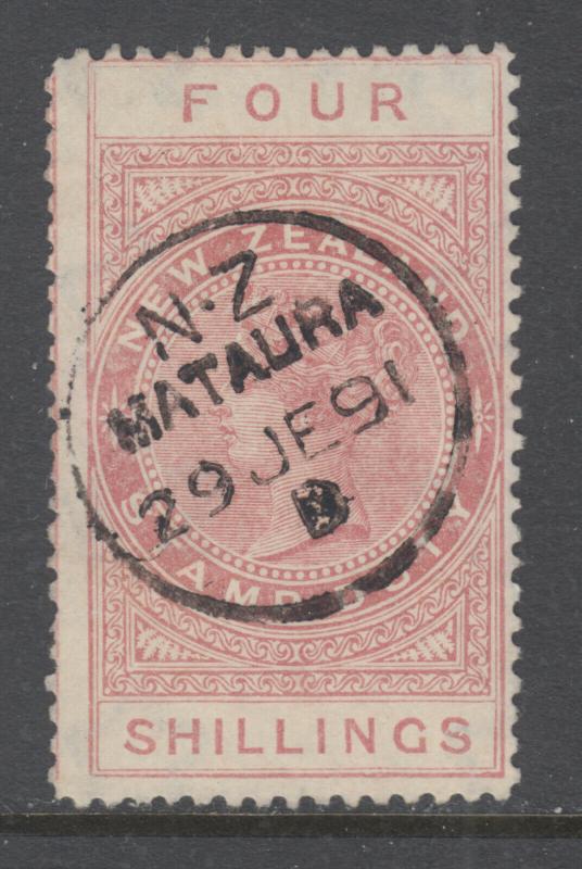 New Zealand Sc AR5, SG F25a, used. 1886 4sh red brown QV Postal Fiscal, sound