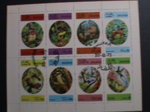 ​DHUFAR- 1973 WORLD COLORFUL LOVELY BIRDS CTO- SHEET VF WITH FIRST DAY CANCEL