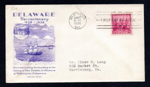 US 1938 3¢ Delaware Tercentary Stamp FDC #836 Used CV $15