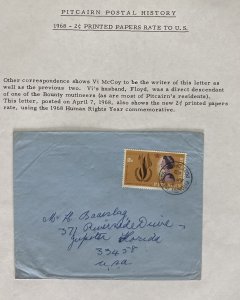 1968 Pitcairn Island Cover To  Jupiter FL Usa Human Rights Stamps