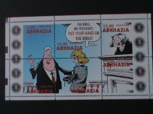 ​RUSSIA-ABKHAZIA-1999-BILL CLITON & LEWINSKI CASE JUSTICE-MNH-SHEET-VF-CARTOON