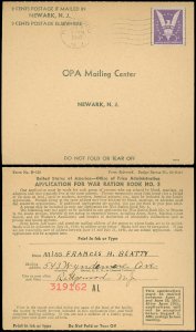 1943 RIDGEWOOD NJ Cds, APPLICATION FOR WAR RATION BOOK NO. 3 -OPA MAILING CENTER