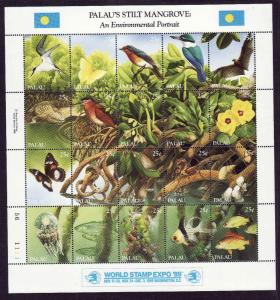 Palau-Sc#221- id7-unused NH sheet-Birds-Butterflies-Fish-Stilt Mangrove-1989-