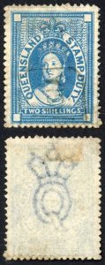 Queensland SGF19 2/- Blue Wmk Large Crown Fiscally Used