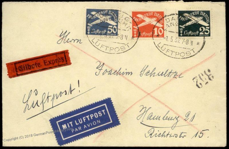 Danzig 1937 Germany Poland Cover Luftpost Airmail Express Hamburg Eilbrief 84051