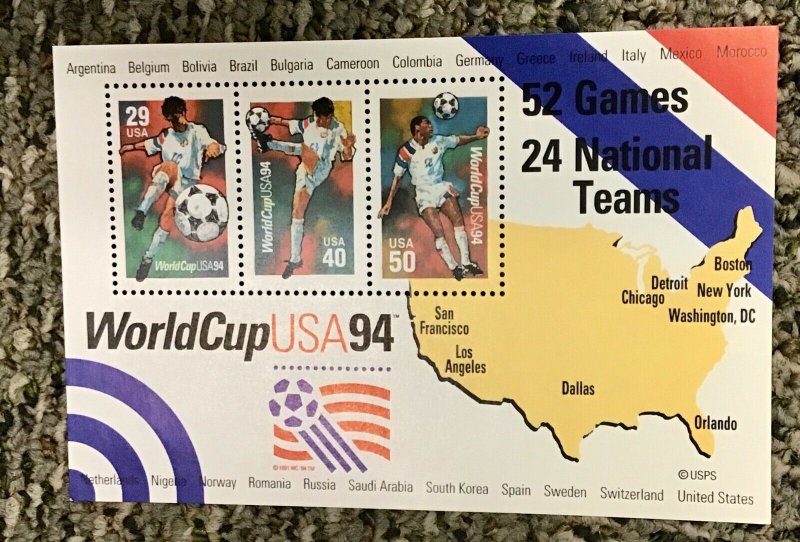 2837  World Cup Soccer S/S of 3  29 40 & 50 Cents Lot of 10 sheets FV $11.90