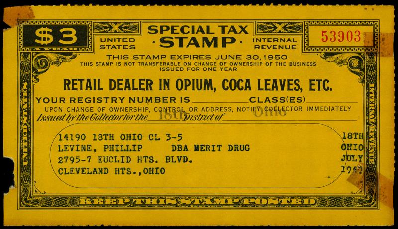 U.S. REV. STAX -RET. DEALER IN OPIUM FYE 1950  Used (ID # 61868)- L