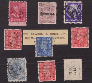 WORLDWIDE PERFINS: TEN stamps incl better Rhodesia #89 Germany 427 US #806 Spain