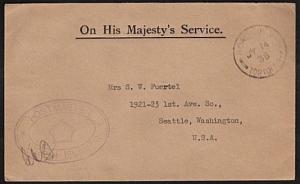 VIRGIN IS 1938 small OHMS cover ROAD TOWN cds to USA.......................73484