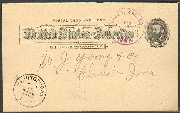 1894, Auburn, Sac. Co., Iowa Feb 14 purple cds on 1¢ UX10 card, VF