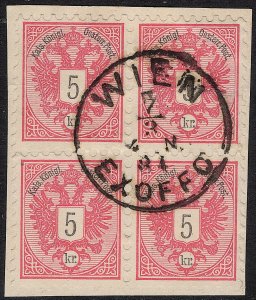Austria - 1883 - Scott #43 - block of 4 used on piece - WIEN EXOFFO pmk