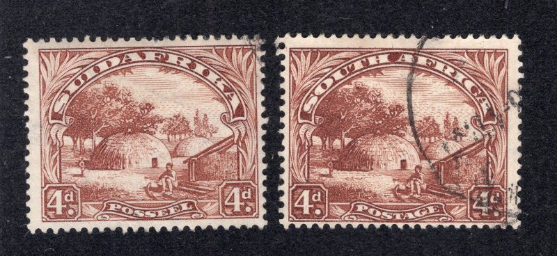 South Africa 1936 4p brown Kraal, Scott 41a, 41b used, value = 60c
