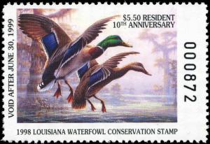 LOUISIANA #10 1998 STATE DUCK STAMP MALLARD By R.C. Davis 