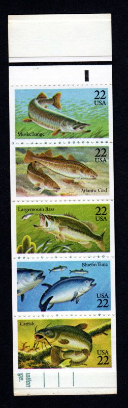  2205-2209 Pane of 5 22¢ Fish Stamps with Tab & Pl# Mint Never Hinged