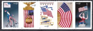 United States #3776-80 37¢ Old Glory (2003). Five attached booklet singles. MNH