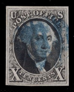 MOMEN: US STAMPS #2 IMPERF BLUE CANCEL USED VF+ LOT #82667*