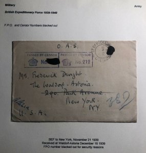 1939 British Expeditionary Forces Army PO Censored Cover To New York Usa