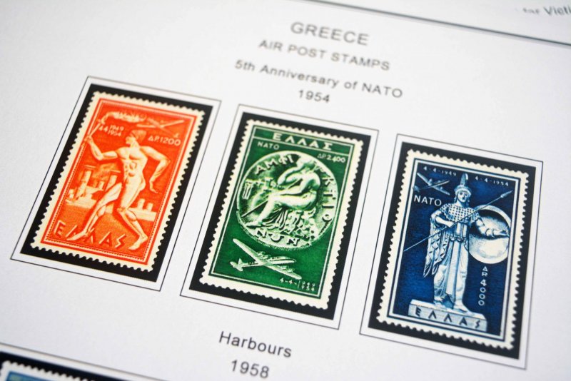 COLOR PRINTED GREECE AIRMAIL 1926-1958 STAMP ALBUM PAGES (7 illustrated pages)