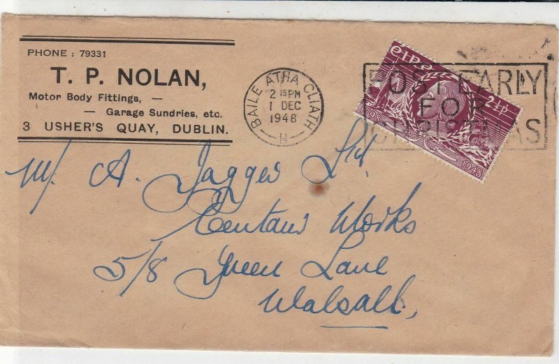 Ireland Eire 1948 TP Nolan Motor Post Early for Xmas Slogan Stamp Cover Rf 34949