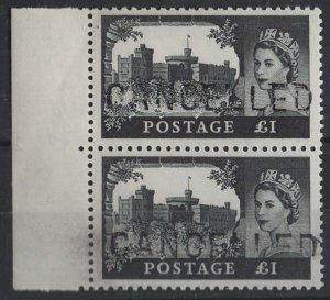 GB 1963 Castles Bradbury wmk £1 ovpt Cancelled in large sans serif capitals un