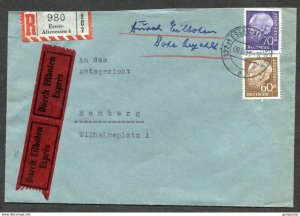 d260 - GERMANY Essen 1959 Registered EXPRESS Cover to Bamberg. Heuss