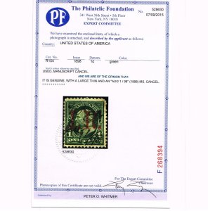 AFFORDABLE GENUINE SCOTT #R154 F-VF USED 1898 REVENUE PF CERT AUG-1 1898 CANCEL