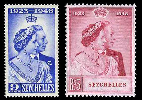 Seychelles #151-152 Cat$16, 1948 Silver Wedding, set of two, lightly hinged
