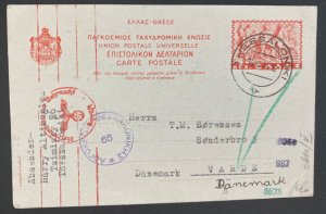 1941 Thessaloniki Greece Postal Stationery Postcard Cover To Varde Denmark