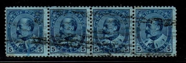 Canada Sc 91 1904 5 c blue Edward VII stamp strip of 4  used