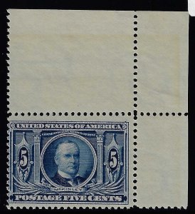 Scott #326 - Ave-OG-NH - Post Office fresh. Corner margin single  - SCV $180