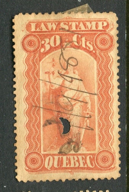 CANADA; QUEBEC 1860s-70s Law Stamp early Revenue issue used 30c. value