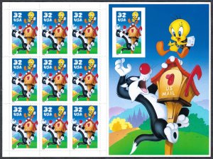 United States #3205 32¢ Tweety Bird and Sylvester. Booklet pane of 10. MNH