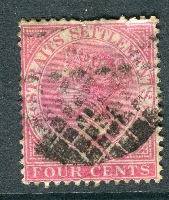 STRAITS SETTLEMENTS; 1867 classic QV Crown CC issue used shade of 4c.