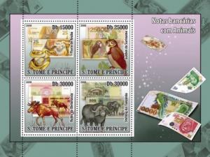 SAO TOME E PRINCIPE 2008 SHEET ANIMALS ON BANKNOTES SNAKES OWLS BIRDS st8410a