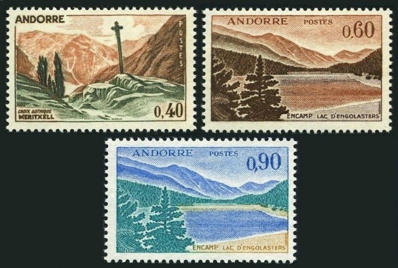 Andorra Fr 165-166-166A, MNH. Scenic 1965-71. Gothic Cross, Pond of Engolasters.