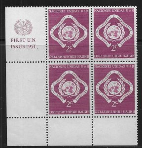 United Nations NY 3, 2c 1951 Definitives 5th Printing MI Block of 4 MNH (z5)