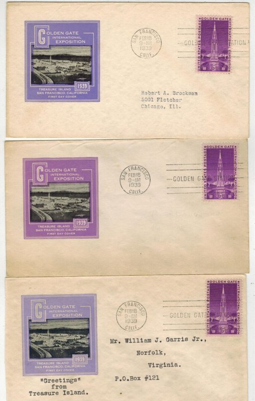 1939 SAN FRANCISCO GOLDEN GATE INTERNATIONAL EXPOSTION 856-40 SET OF 3 COLOR VAR