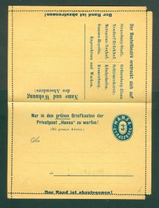 Strassburg. Hansa. Local, Private Post, Stationery.Advertising. 3Pf. Blue.Unused