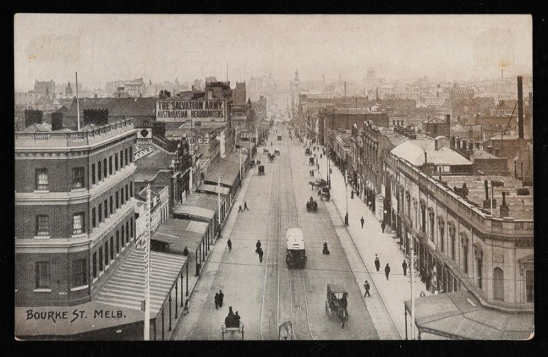 AUSTRALIA Postcard 1911 Scenic KGV 1d red view Bourke St Melb bicolour. 