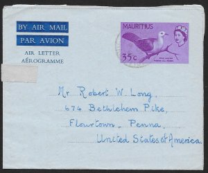 MAURITIUS Aerogramme 35c Queen & Bird 1965 Forest Side cancel to USA!