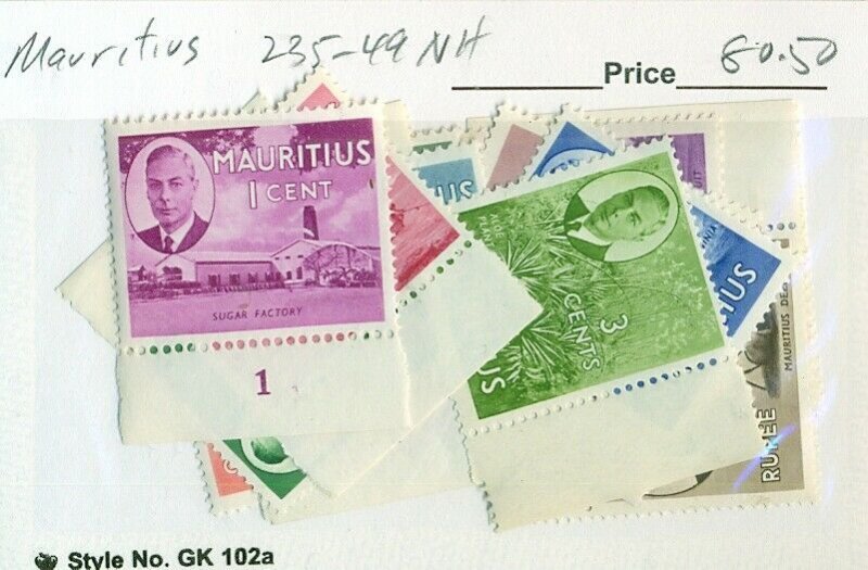 MAURITIUS 235-49 Mint Never Hinged Scott $80.50