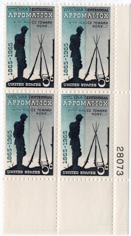 Scott #1182 Appomattox (Civil War 1865, Virginia) 5¢ Plate Block of 4 Stamps