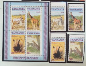 TANZANIA - Scott 319-322a   - MNH Set & S/S - Animals, Giraffe, Rhino, Cat- 1986